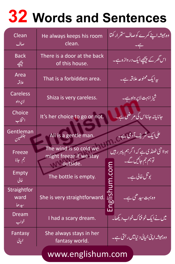 Urdu Words Meaning and Sentences