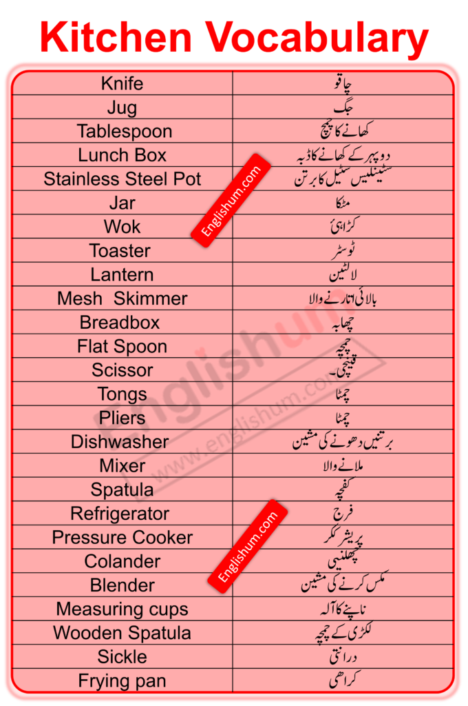 50 Kitchen Vocabulary Words in English and Urdu