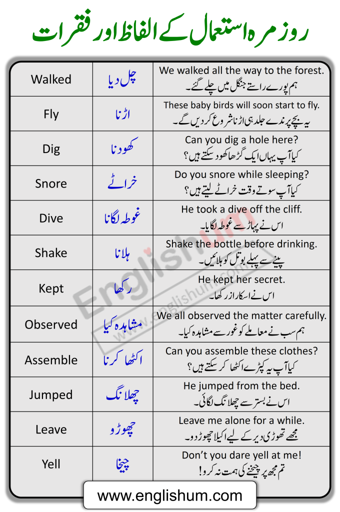 45 Action Verbs with Sentences in English and Urdu