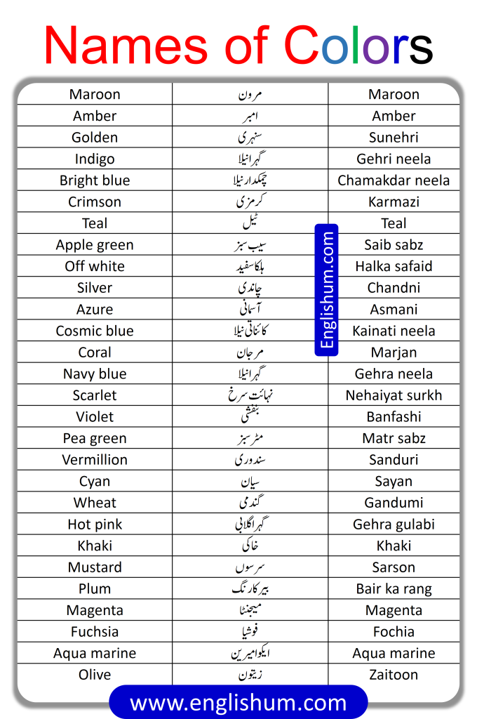 Names of Colors in English and Urdu