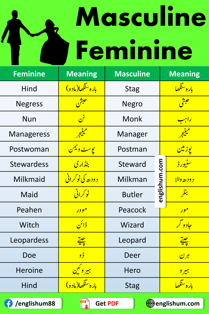 Masculine and feminine with Urdu meanings list PDF